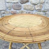 Round coffee table vintage rattan and vinyl braided straw way