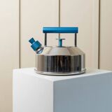 Vintage stainless steel kettle with blue accents - Italian Prandelli 1980s Memphis-inspired design by Raunkjaer Kjaergaard
