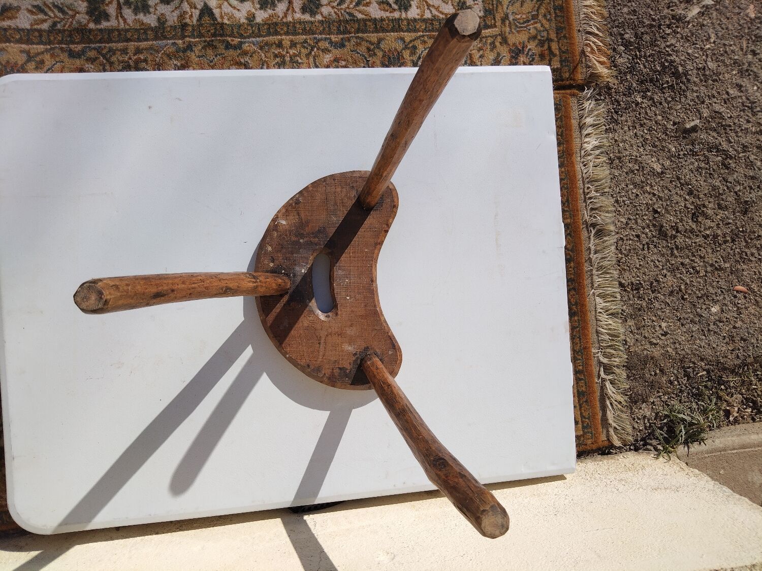 Antique tripod milking stool – folk art – patinated solid wood