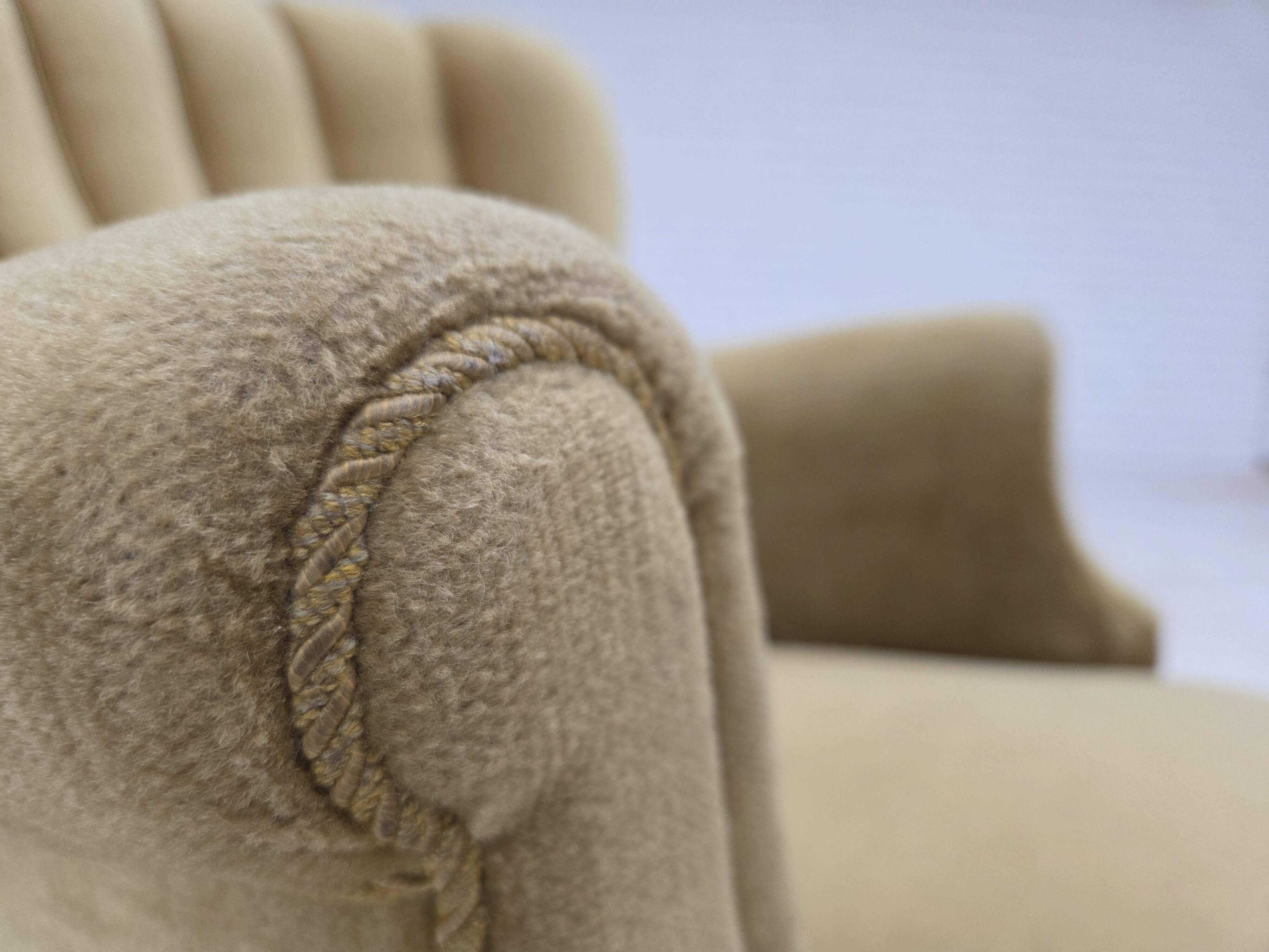 1960s, Danish armchair, green furniture velour, oak wood.