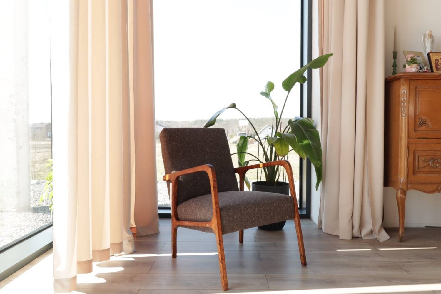 Mid Century Armchair Cacao Tweed Upholstery, 1960, Poland