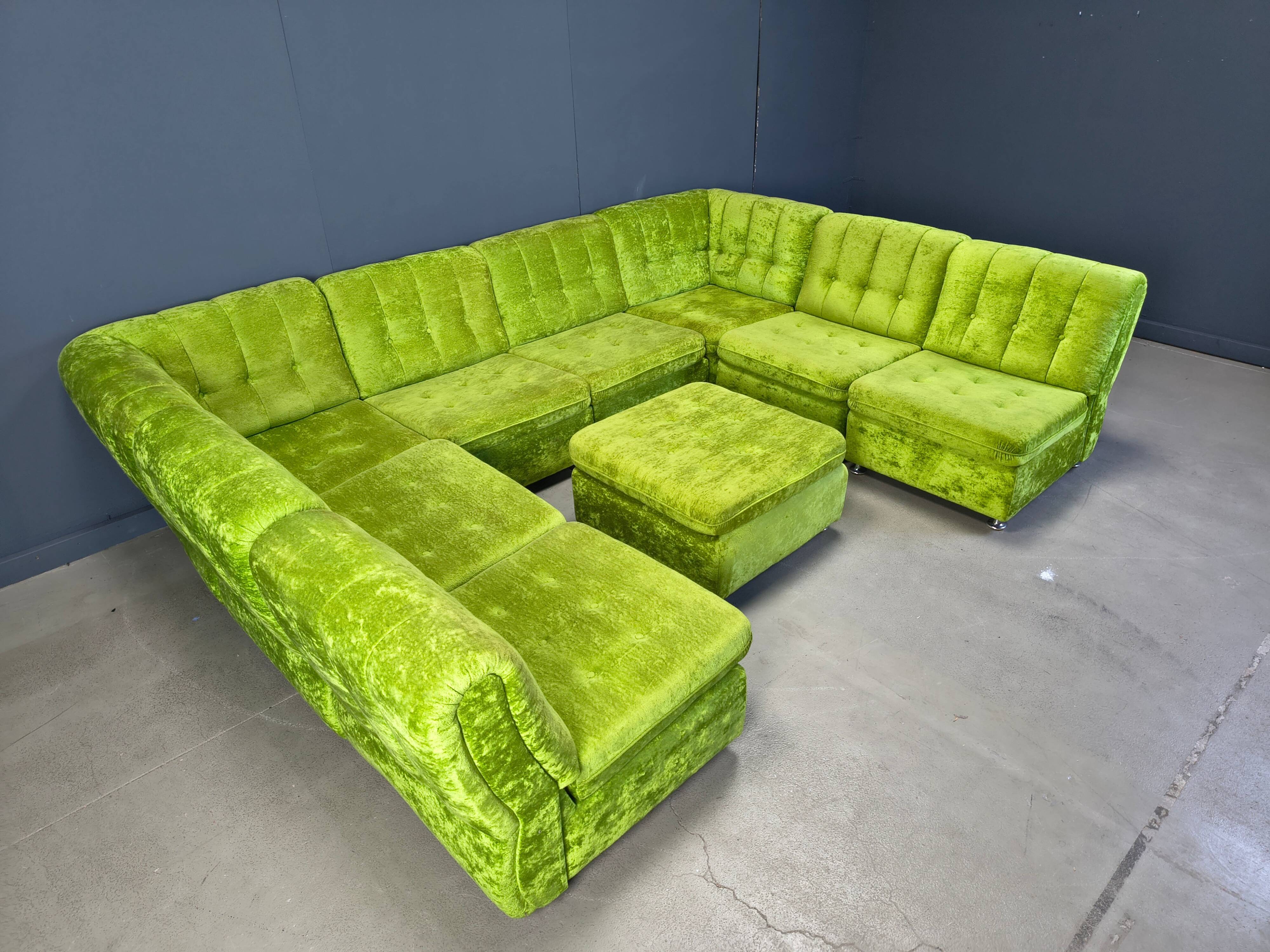Vintage green velvet modular sofa set, 1970s