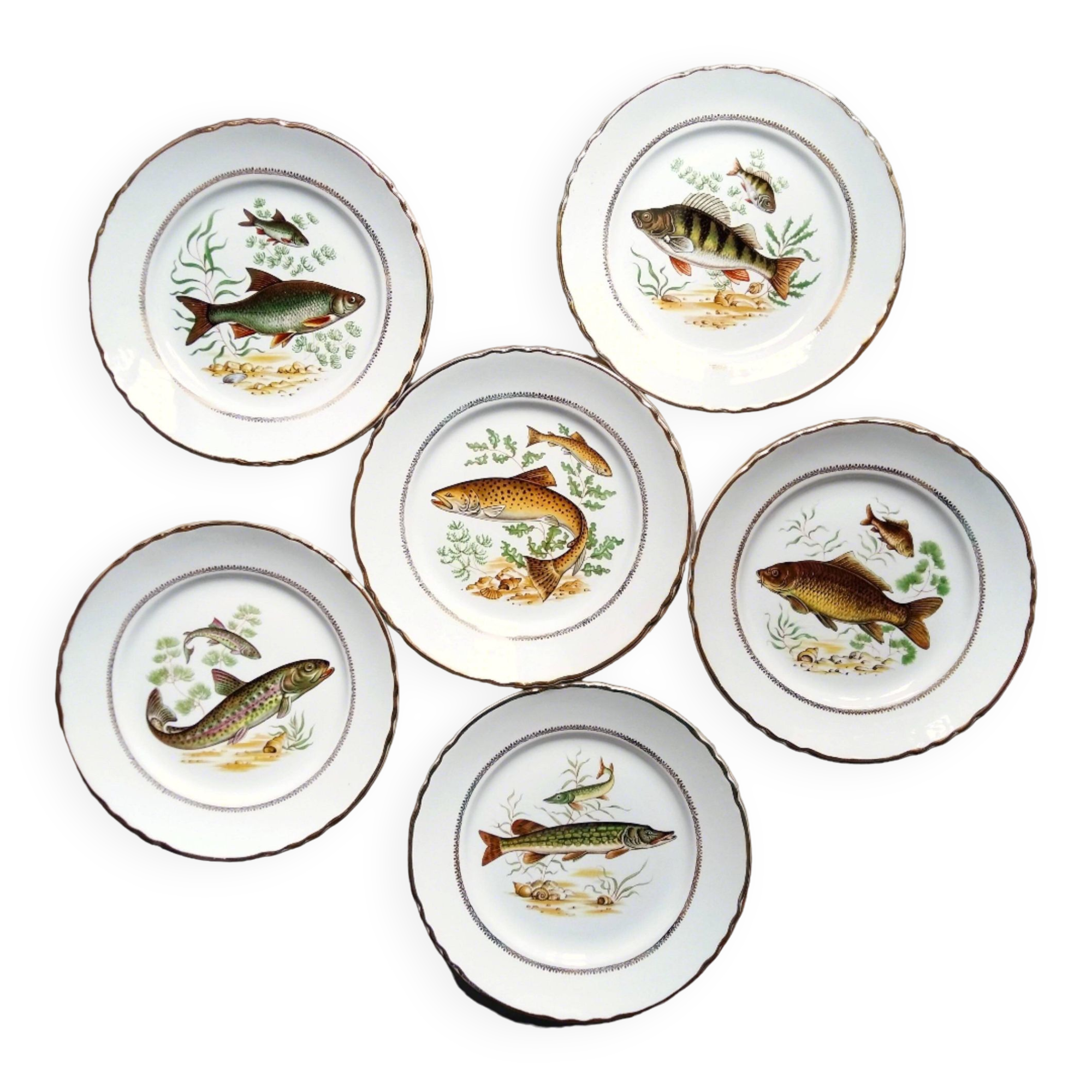Six Vintage Fish Plates by Moulin des Loups. French Fish Plate Set. Fish Dinnerware Set.