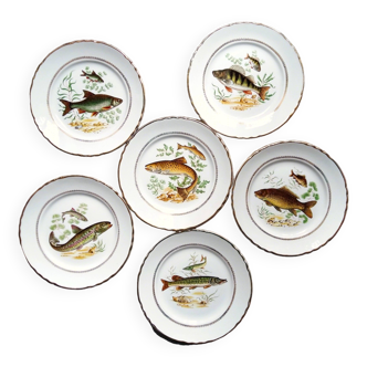 Six Vintage Fish Plates by Moulin des Loups. French Fish Plate Set. Fish Dinnerware Set.