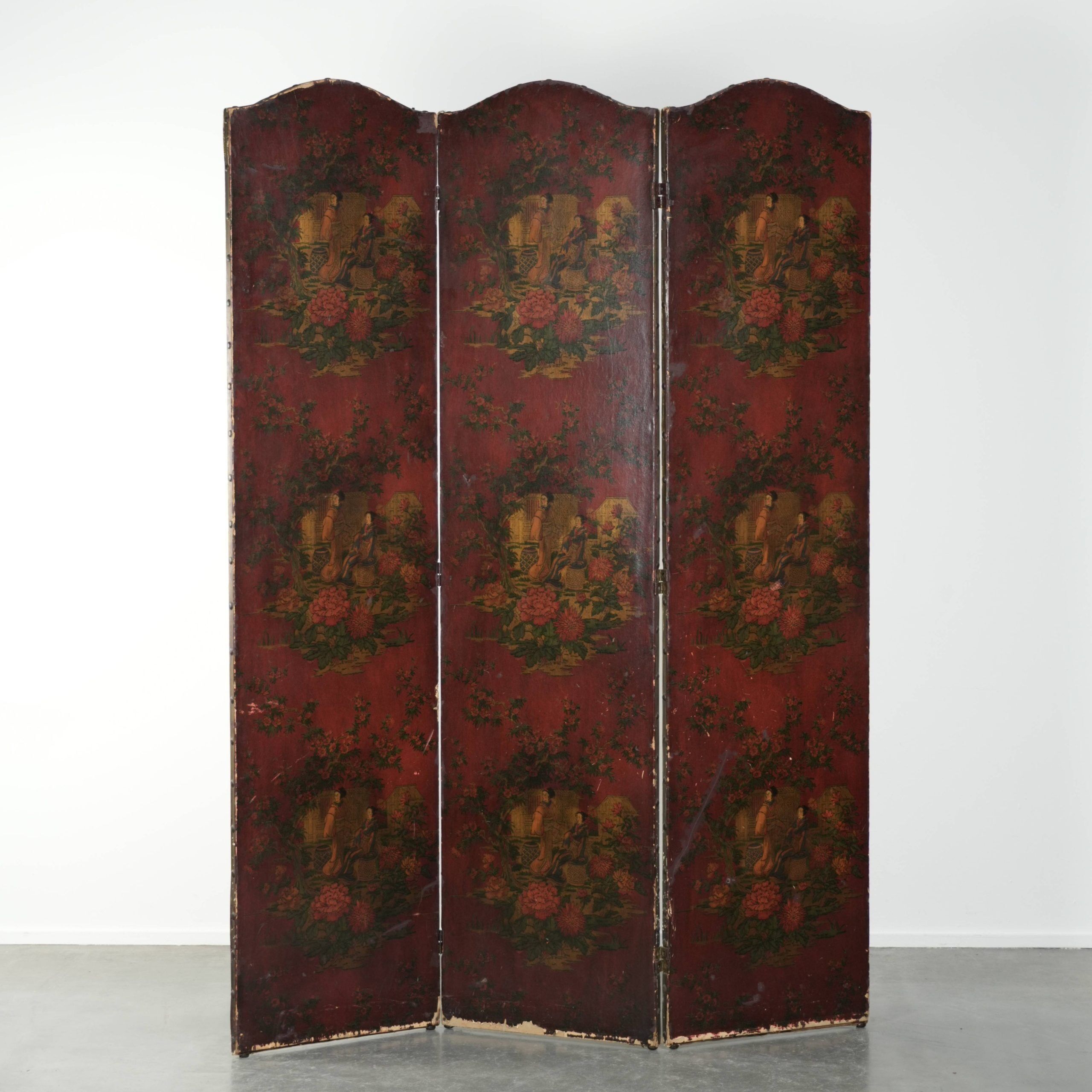 Antique English red leather hand-painted chinoiserie room divider/ screen