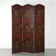 Antique English red leather hand-painted chinoiserie room divider/ screen