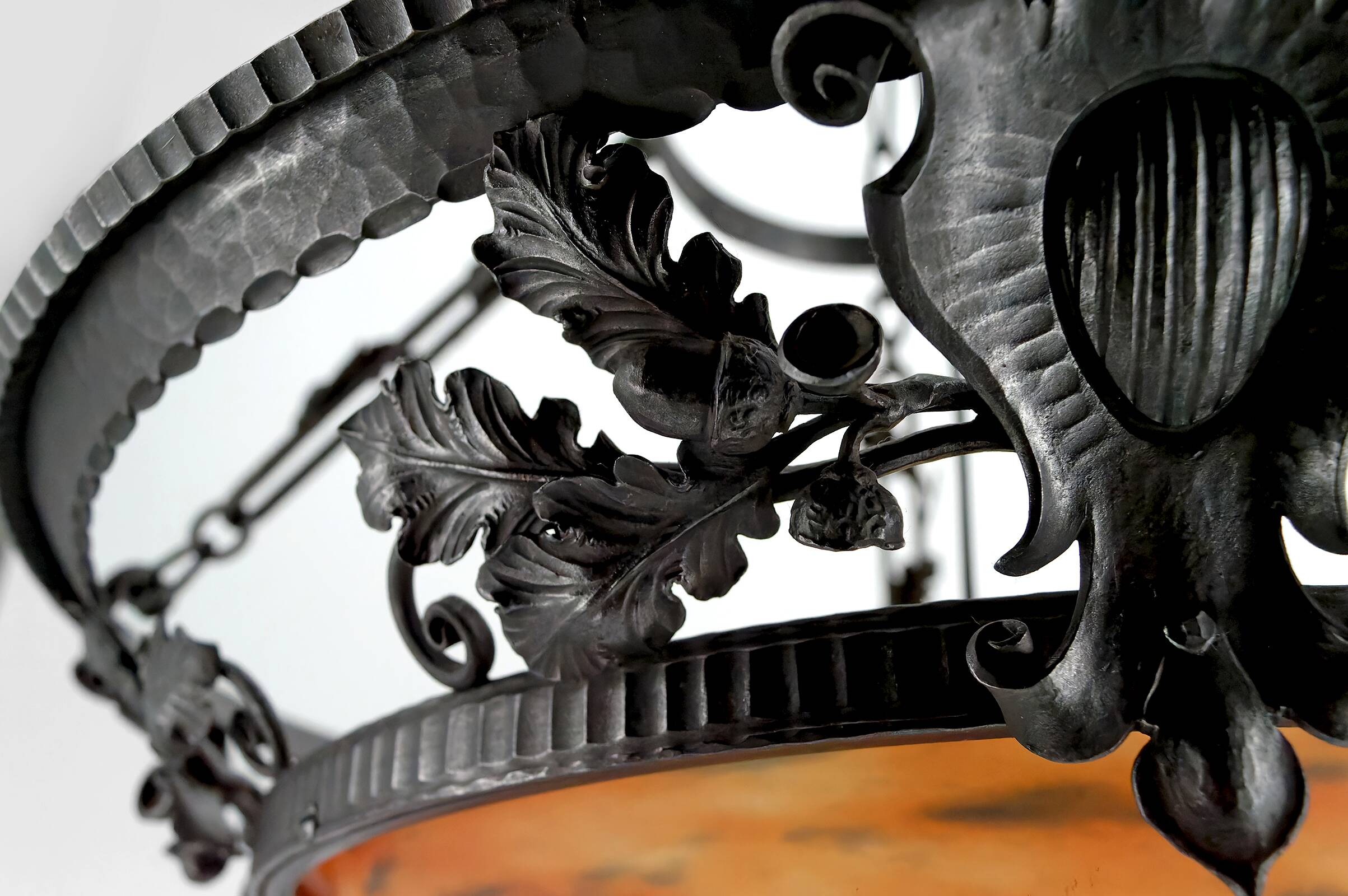 Wrought Iron and Glass Paste Pendant Light, Art Nouveau / Art Deco, Early 20th Century