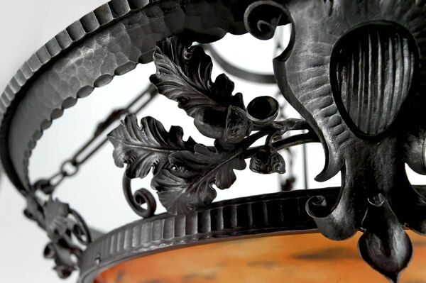 Suspension en Fer Forgé et Pâte de Verre, Art Nouveau / Art Déco, Début XXe