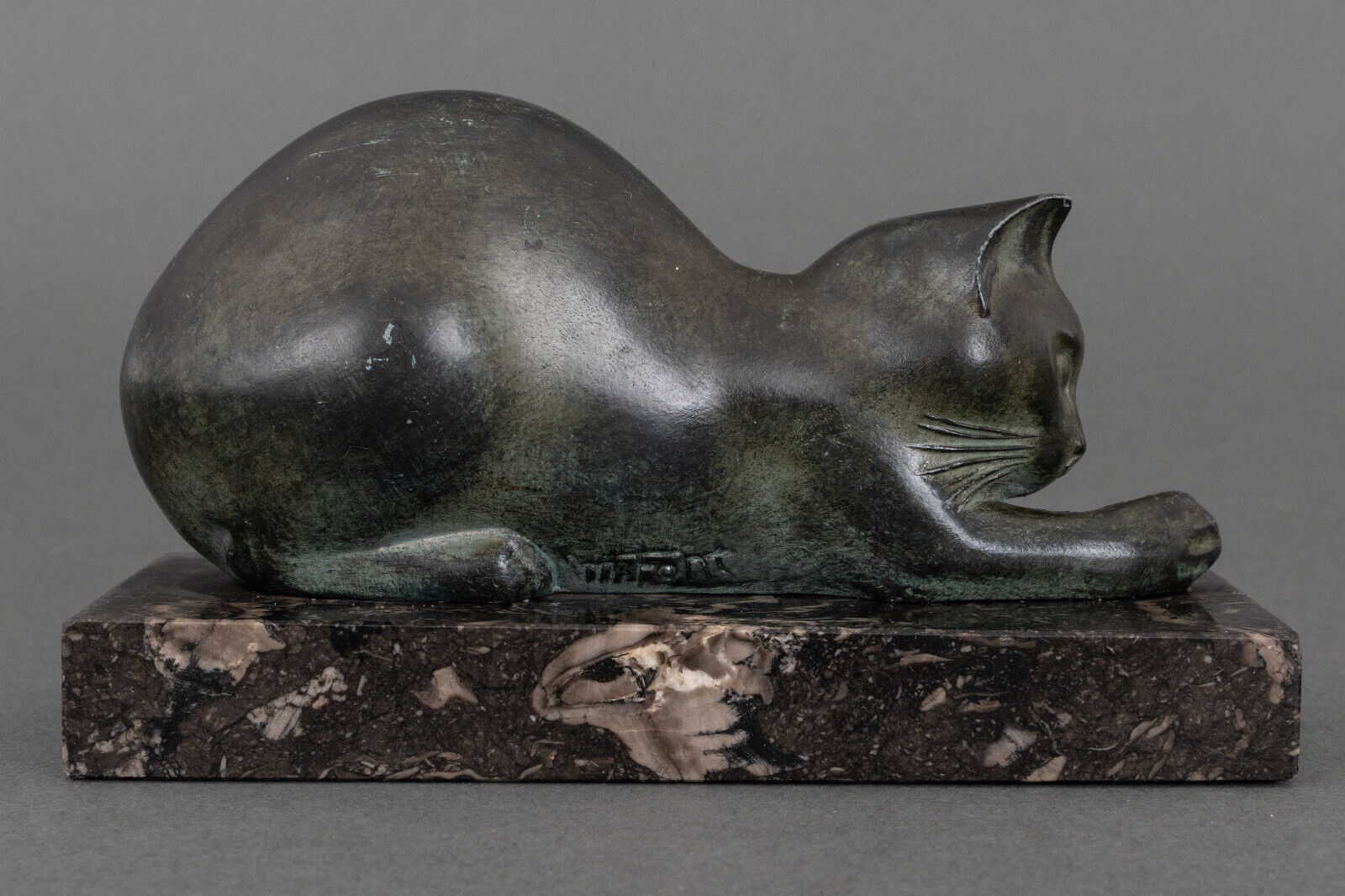 Art deco cat in regule by m. font green patina 1930 marble base