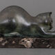 Art deco cat in regule by m. font green patina 1930 marble base