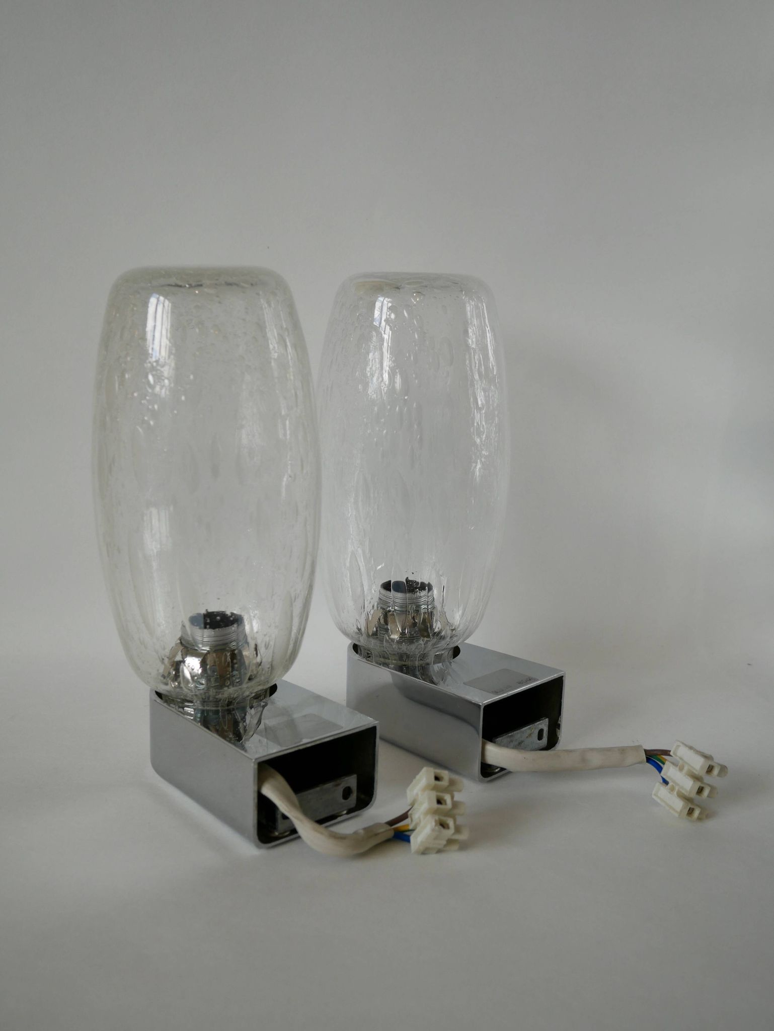 Pair of designer wall lights in blown glass and chrome by inda circa 1960-1970