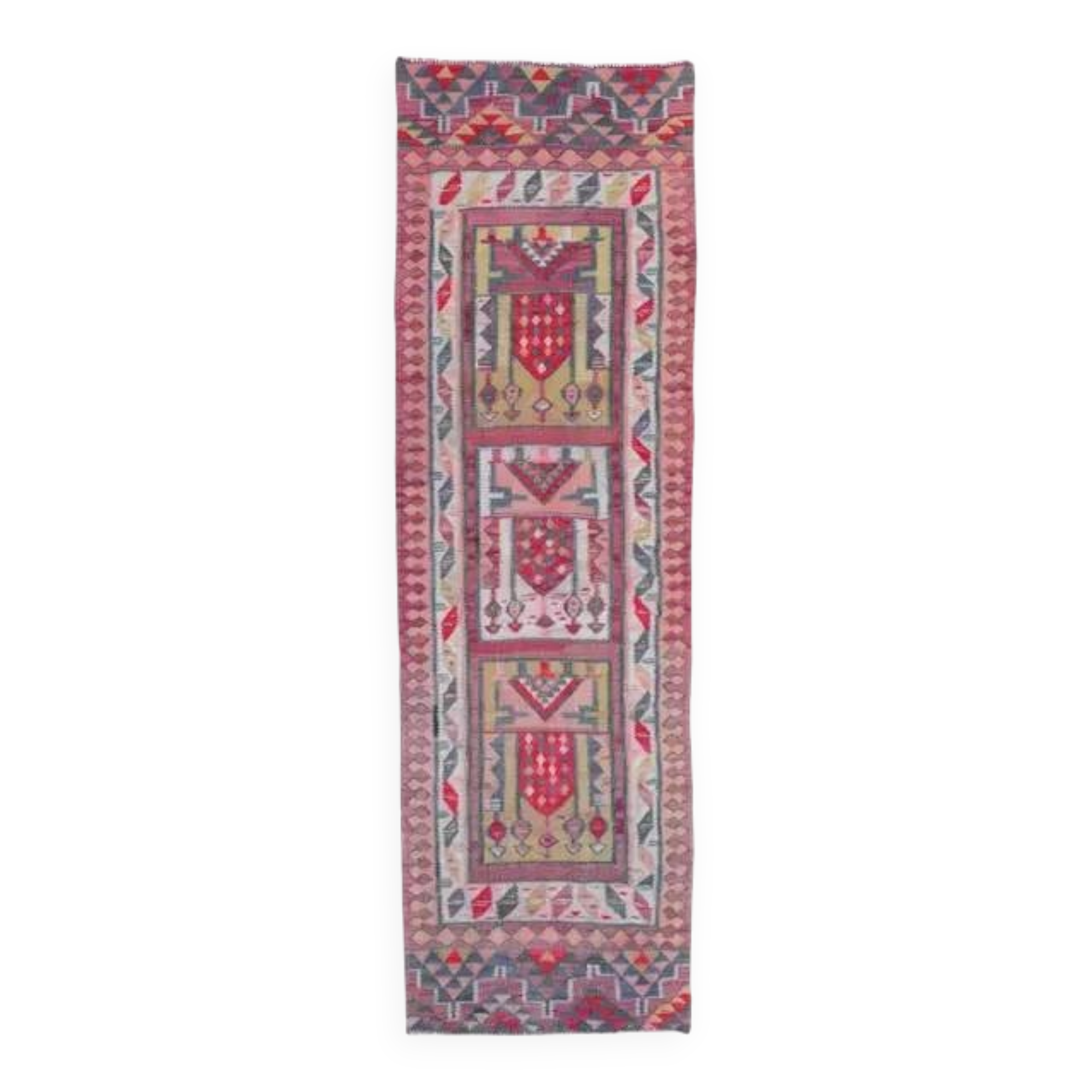 1970s Vintage Turkish Oushak Handmade Wool Cotton Pink Runner Rug 86x286