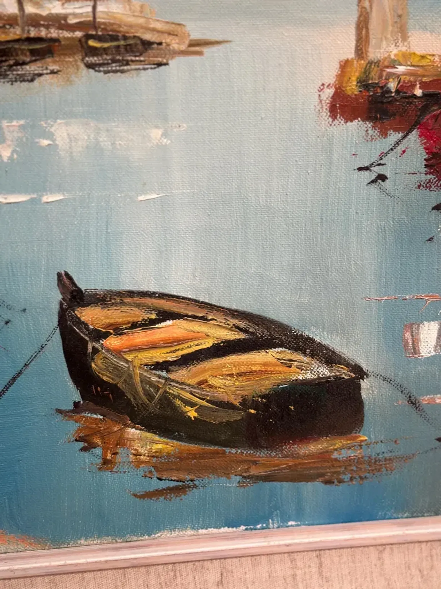 Original Swedish Oil on Canvas – “Boats” by Lennart Börje – Signed – Vintage & Framed 88.5 cm x 48.5 cm (34.8" × 19")