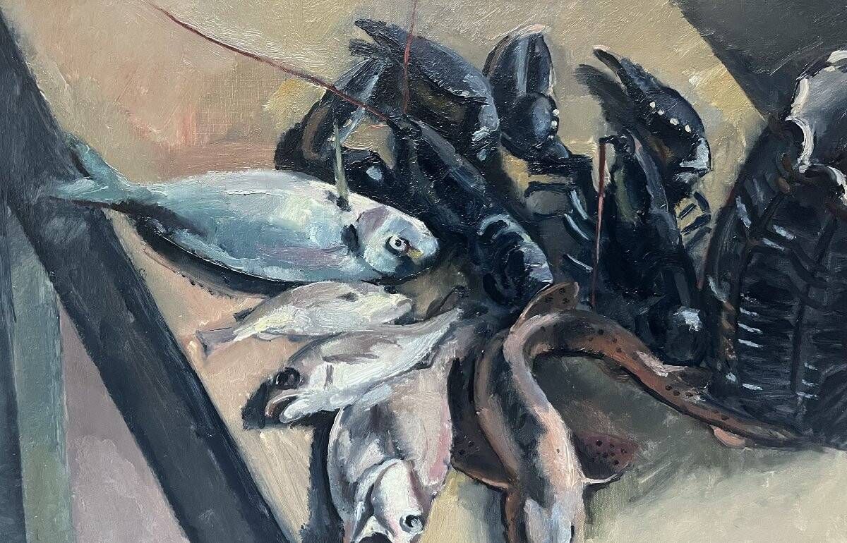 Still life with lobsters and fish, oil on canvas signed
