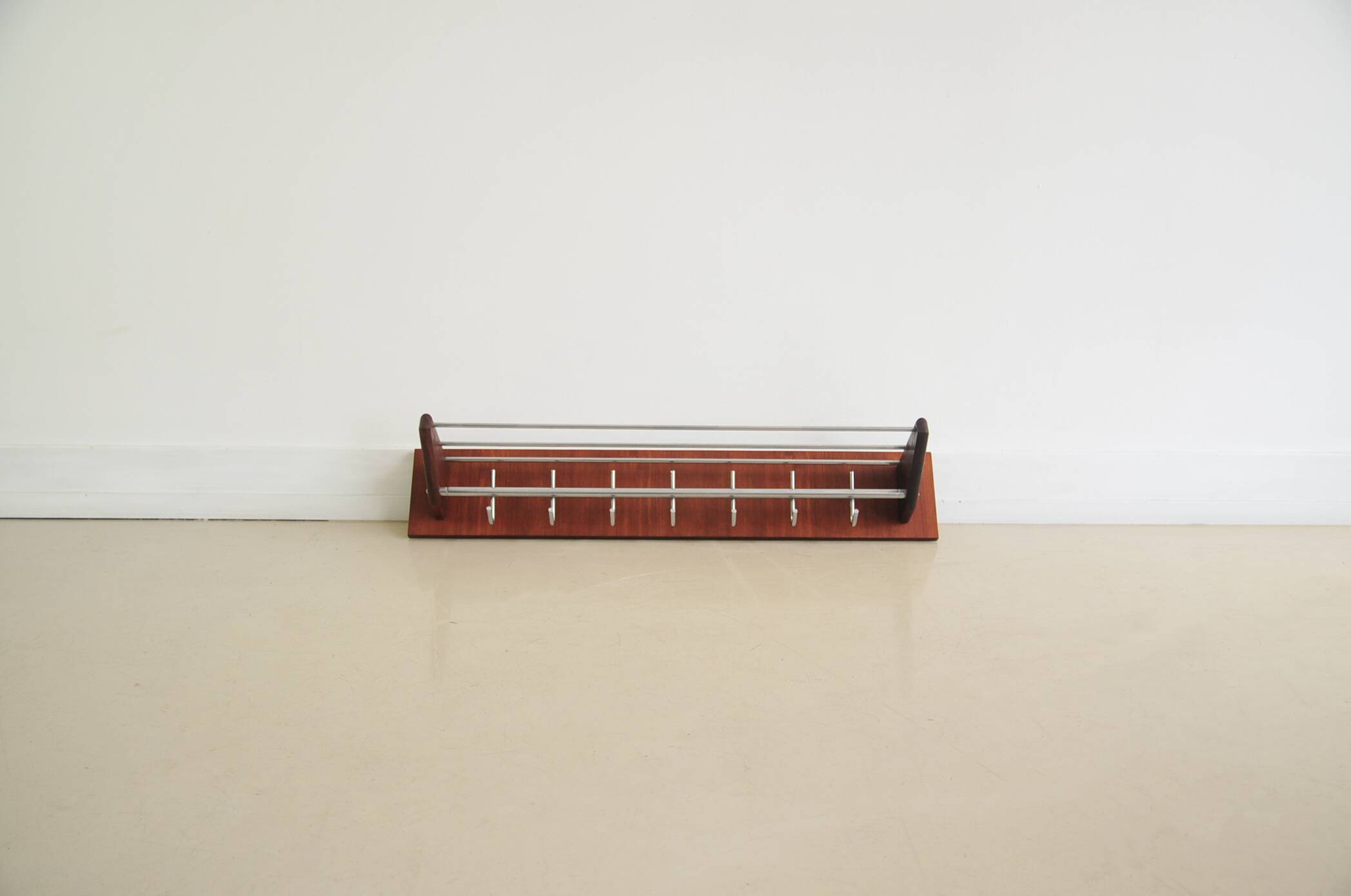 Teak wood & chrome wall coat rack
