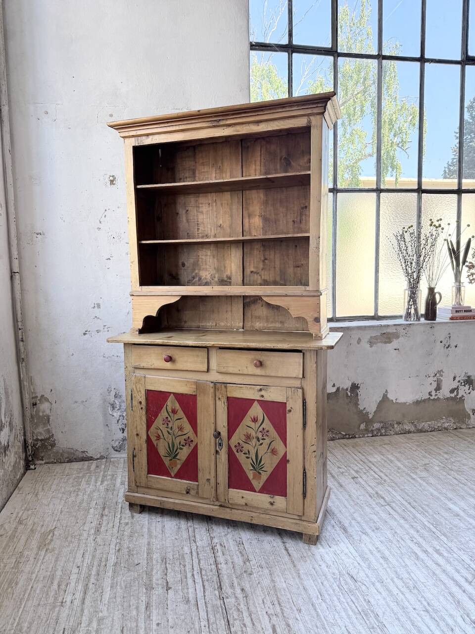 Antique grocery furniture, polychrome folk art, Savoie 1940.