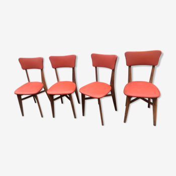 Lot de 4 chaises bois et skaï rouge style scandinave années 60