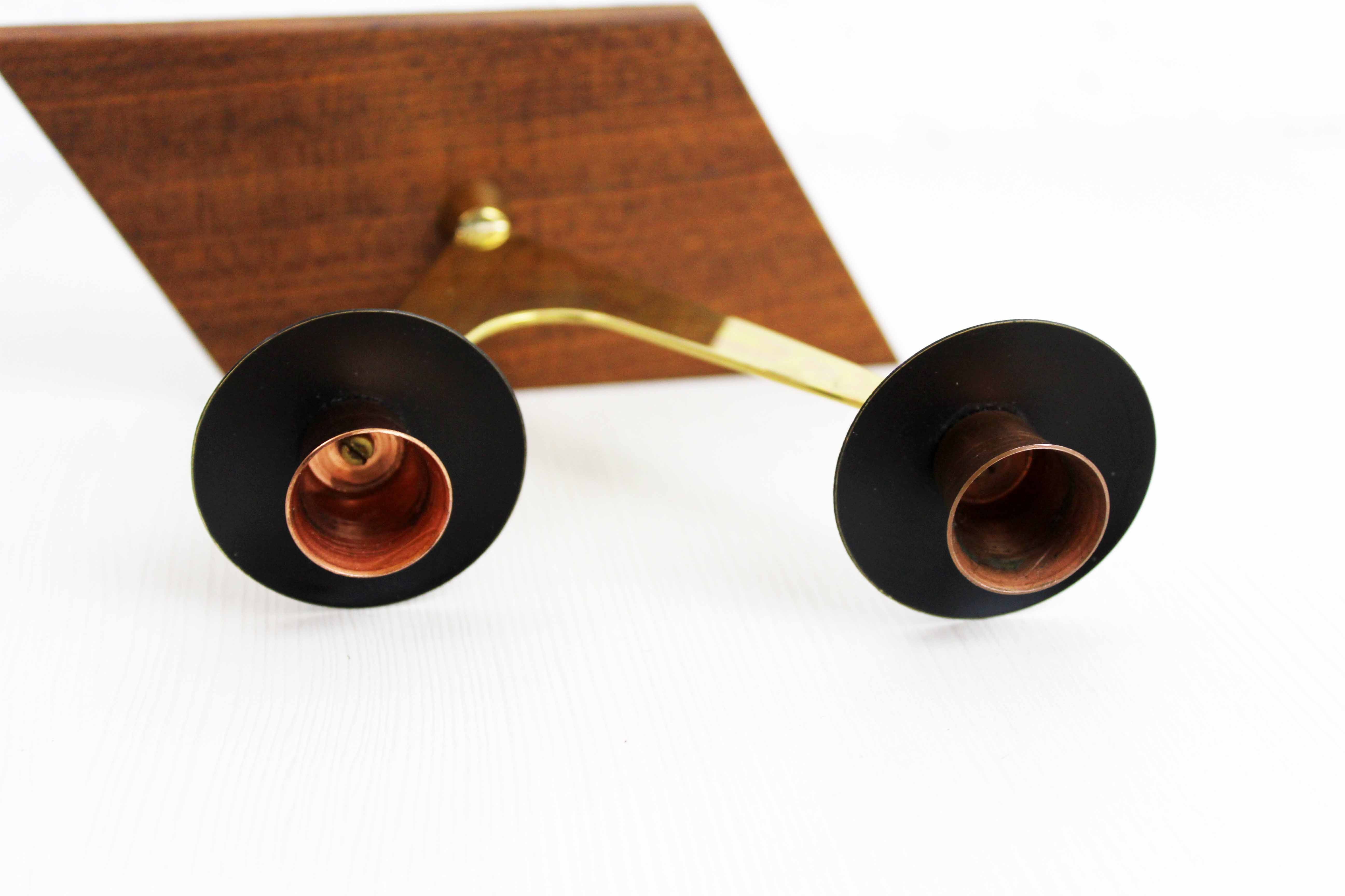 Double teak and brass candle holder