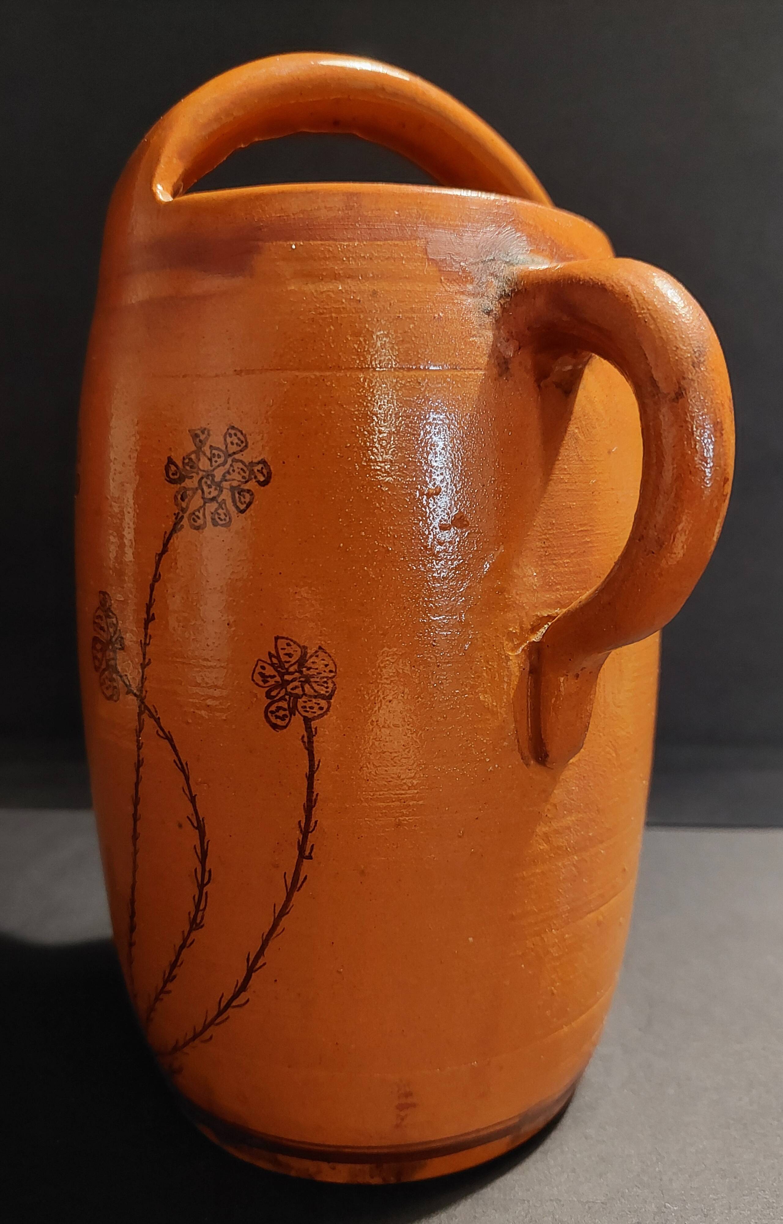 20th century ceramic chevrette enameled terracotta jug signed CM