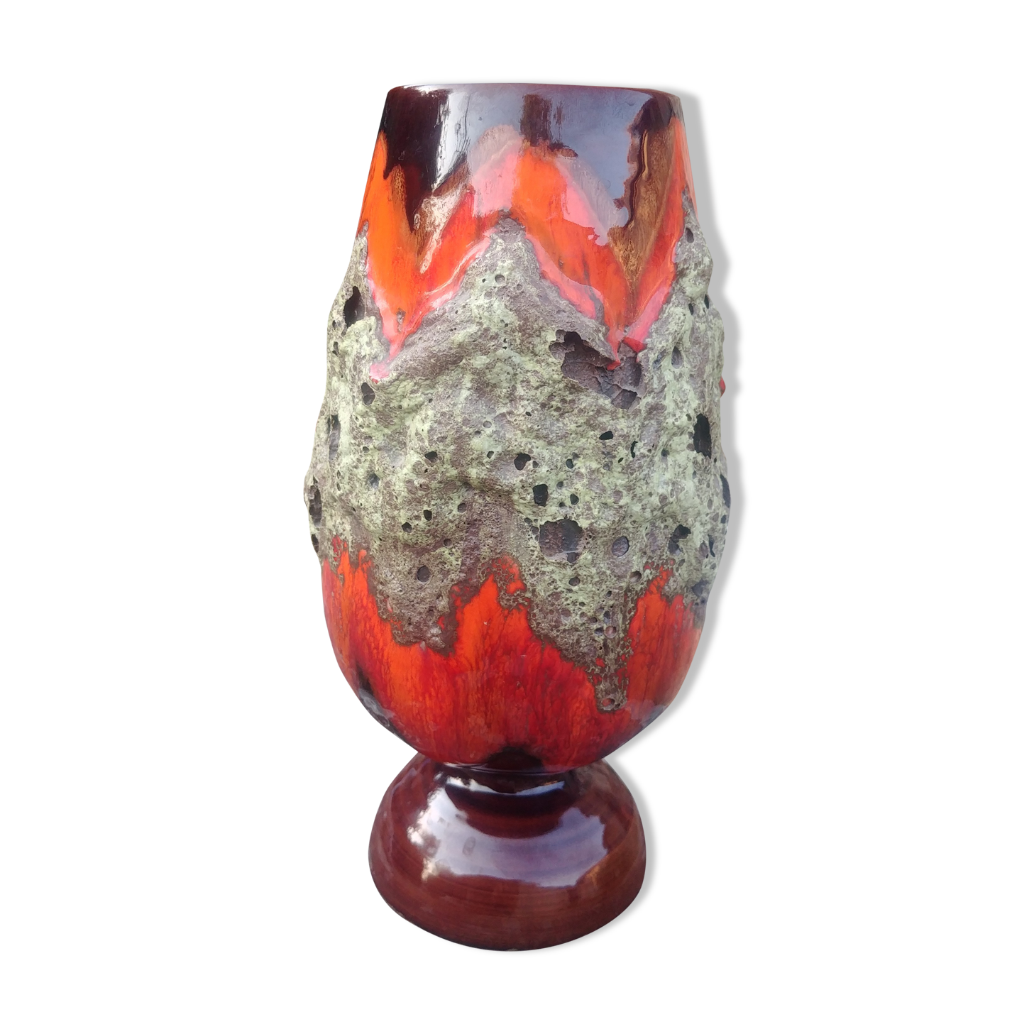 Fat lava vase in glazed ceramic vintage orange/red 70s