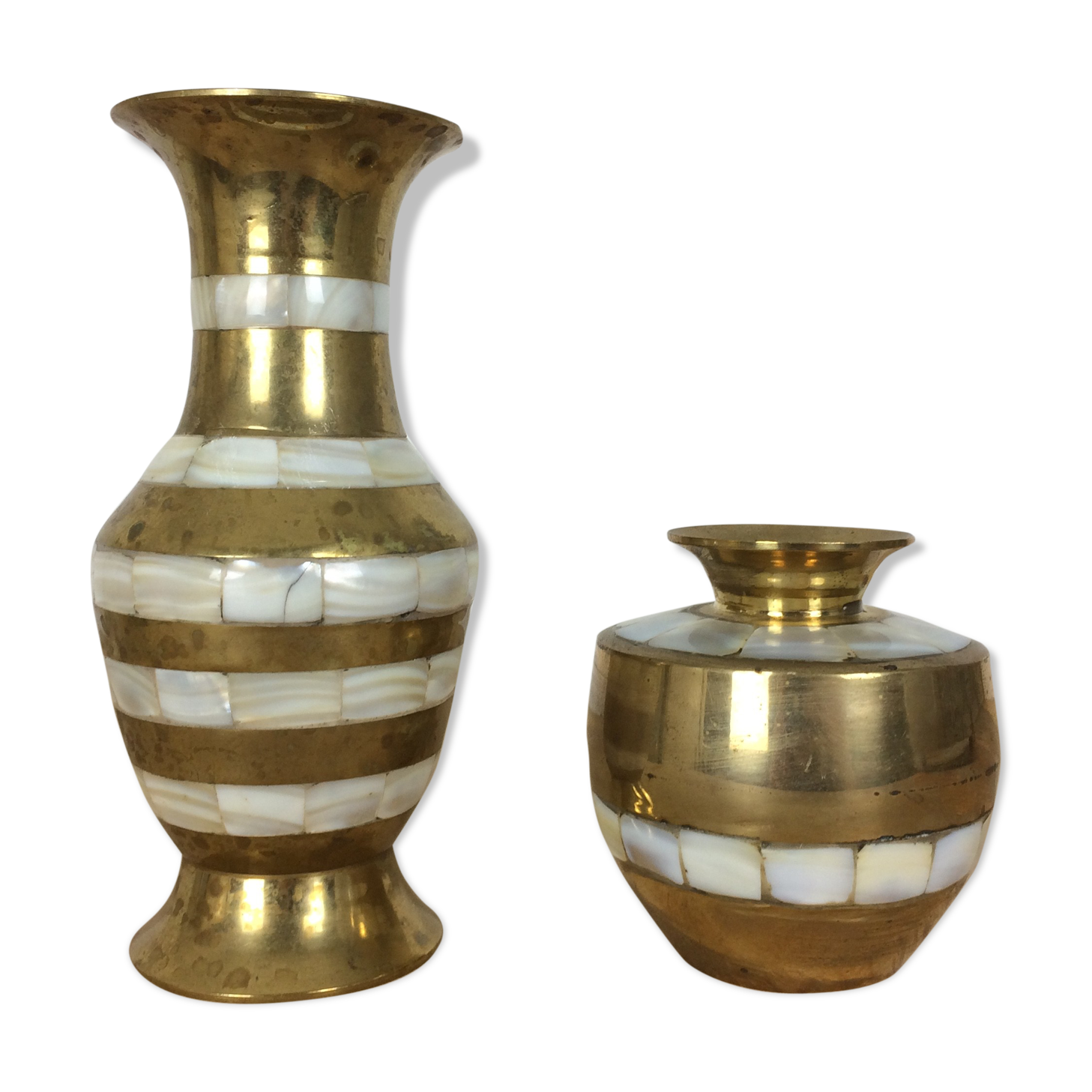Duo of brass and mother-of-pearl vases