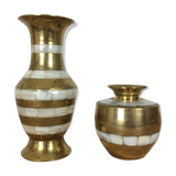 Duo of brass and mother-of-pearl vases