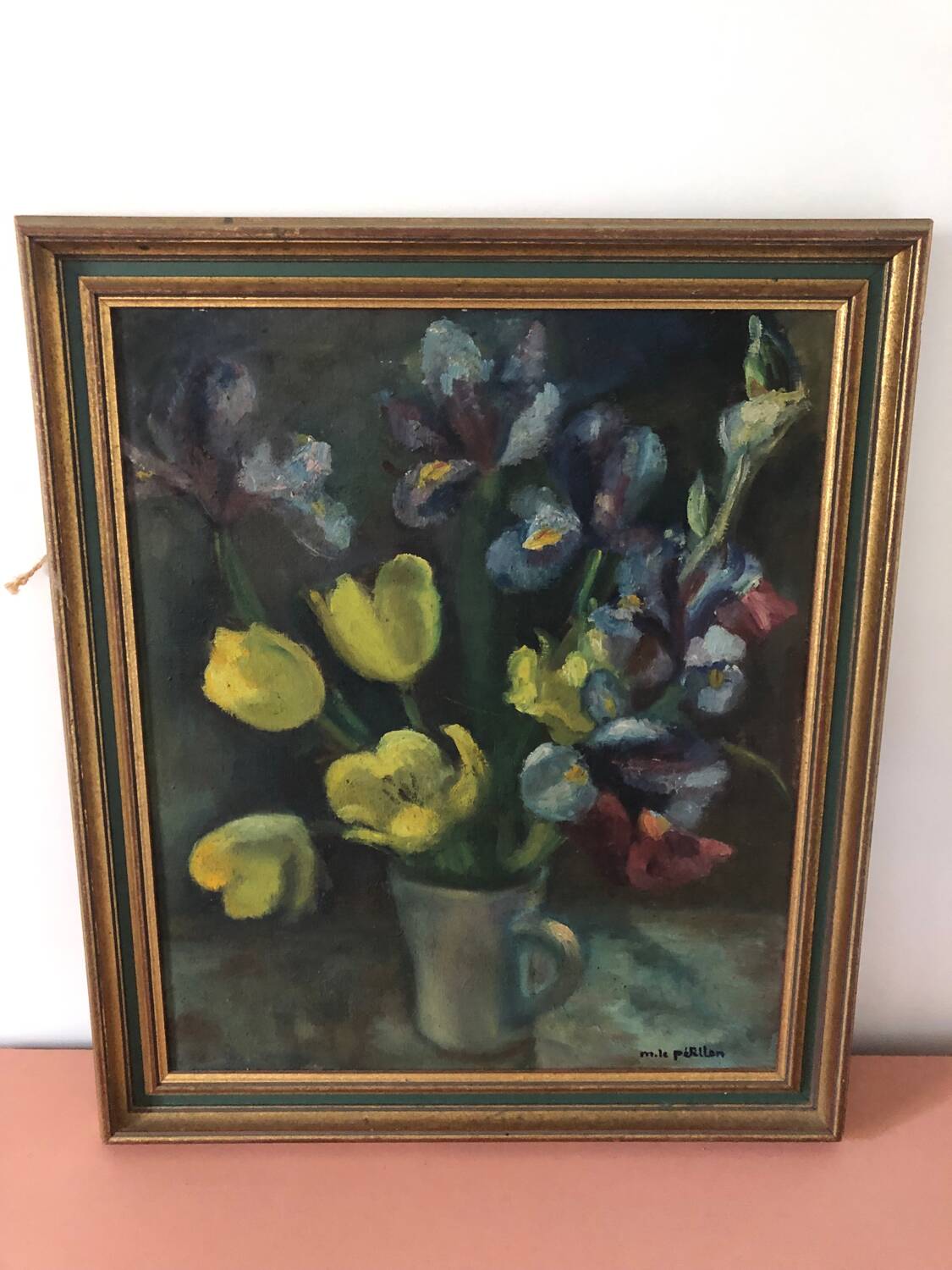 Oil on canvas still life tulips irises