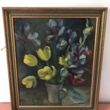 Oil on canvas still life tulips irises