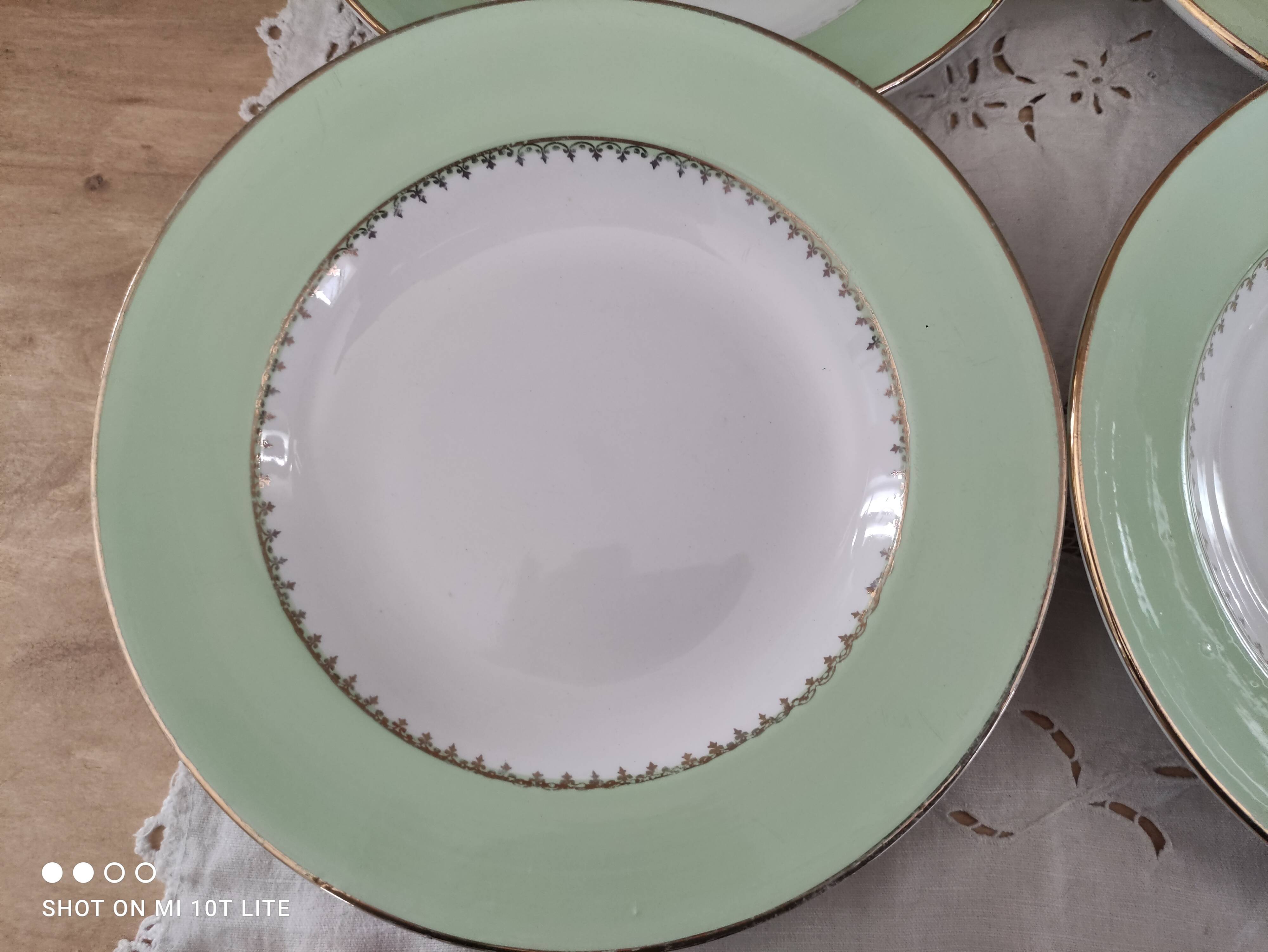 Lot de 6 assiettes creuses L'Amandinoise marli vert d'eau et frise dorée