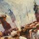 Huile « procession sicilienne « 1960, cadre bois et vitre