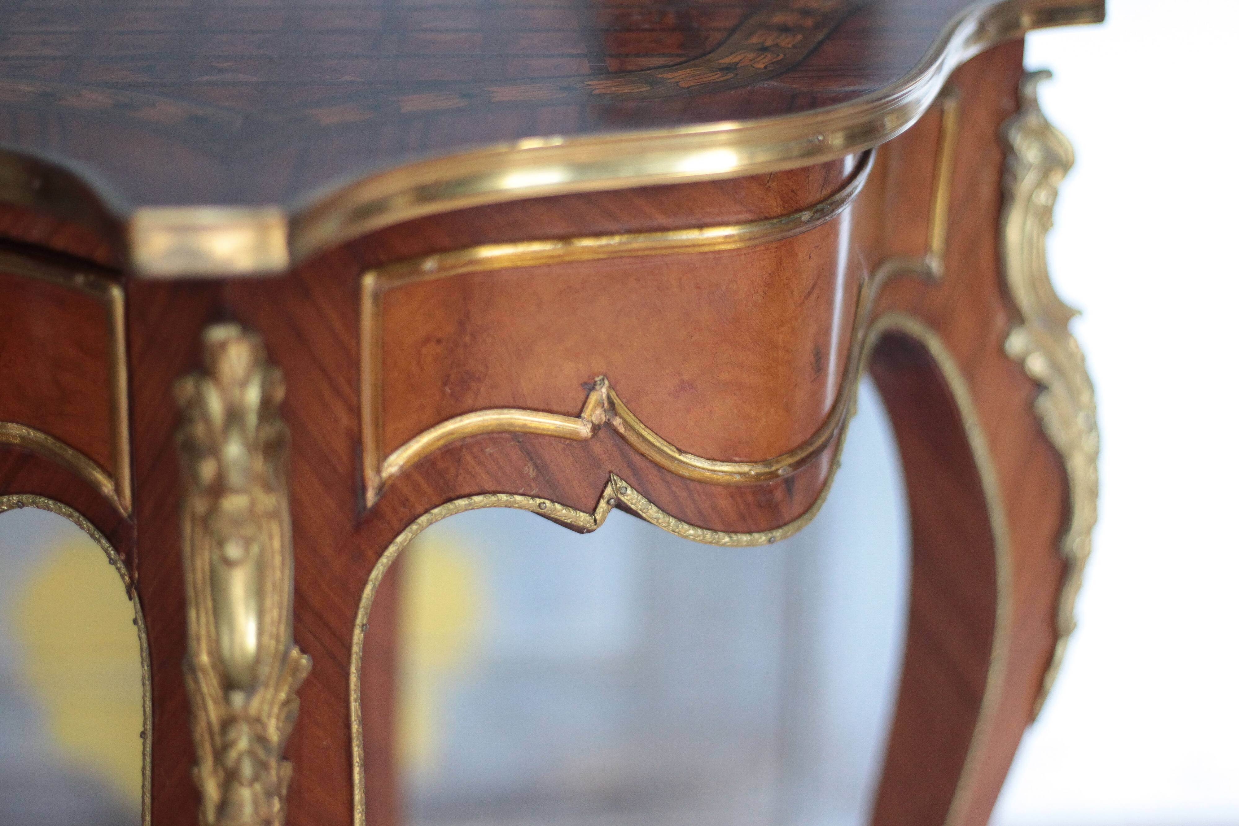 Wooden bedside table with marquetry and bronze, side table with curved legs