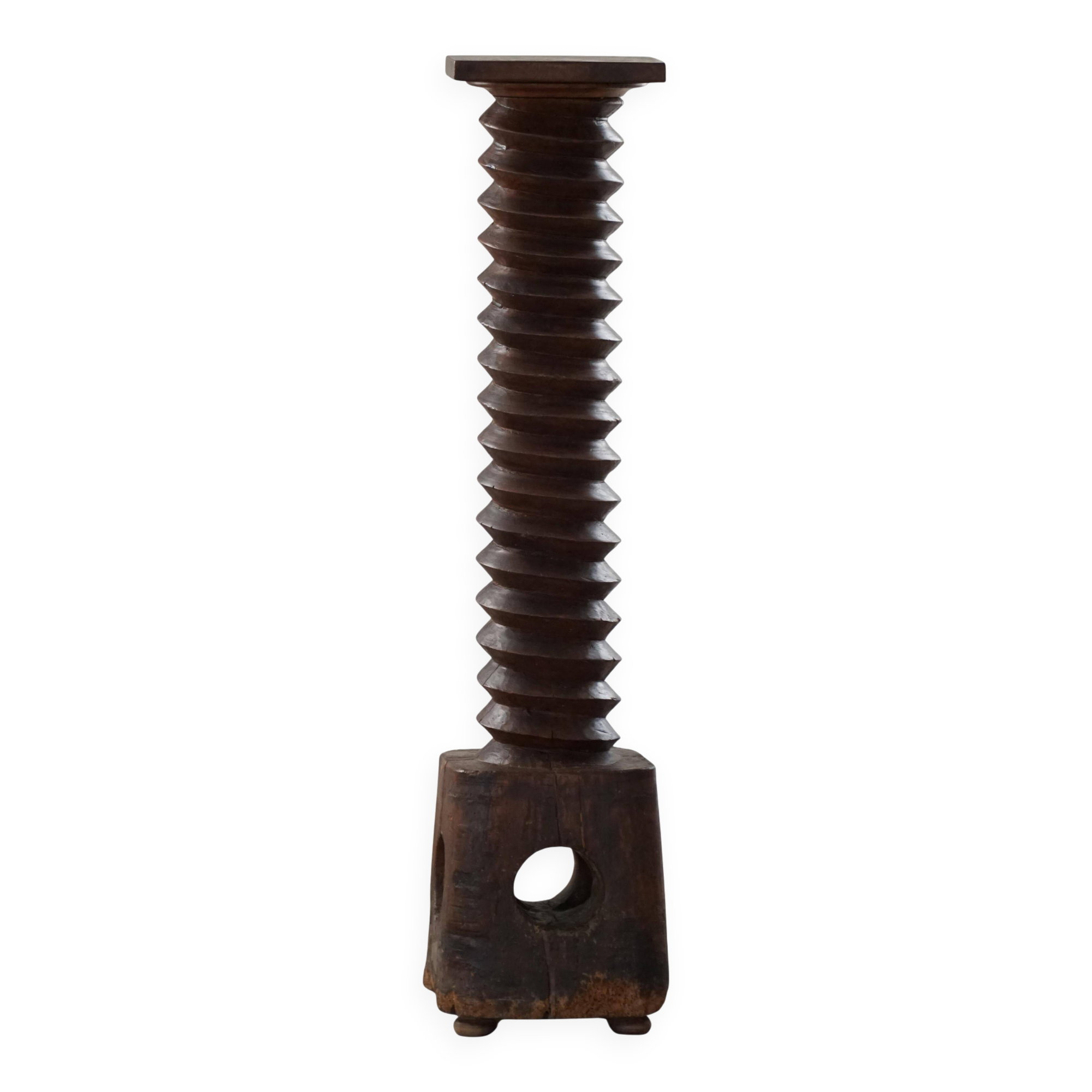 19th-century sculptural French wine press in solid wood / pedestal