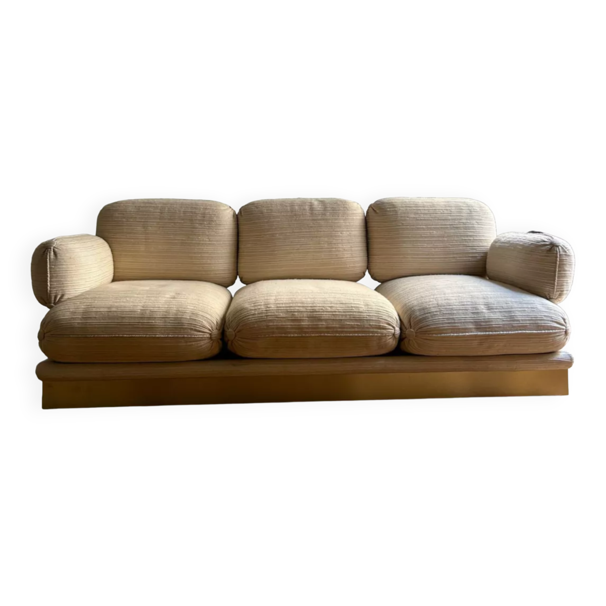 Vintage Thibier 3-seater sofa, beige fabric and brass, France 1978