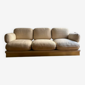 Vintage Thibier 3-seater sofa, beige fabric and brass, France 1978