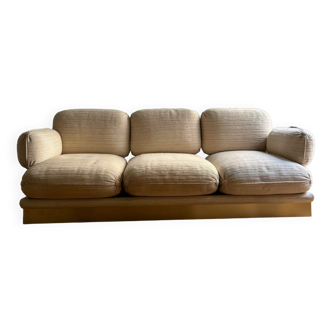 Vintage Thibier 3-seater sofa, beige fabric and brass, France 1978