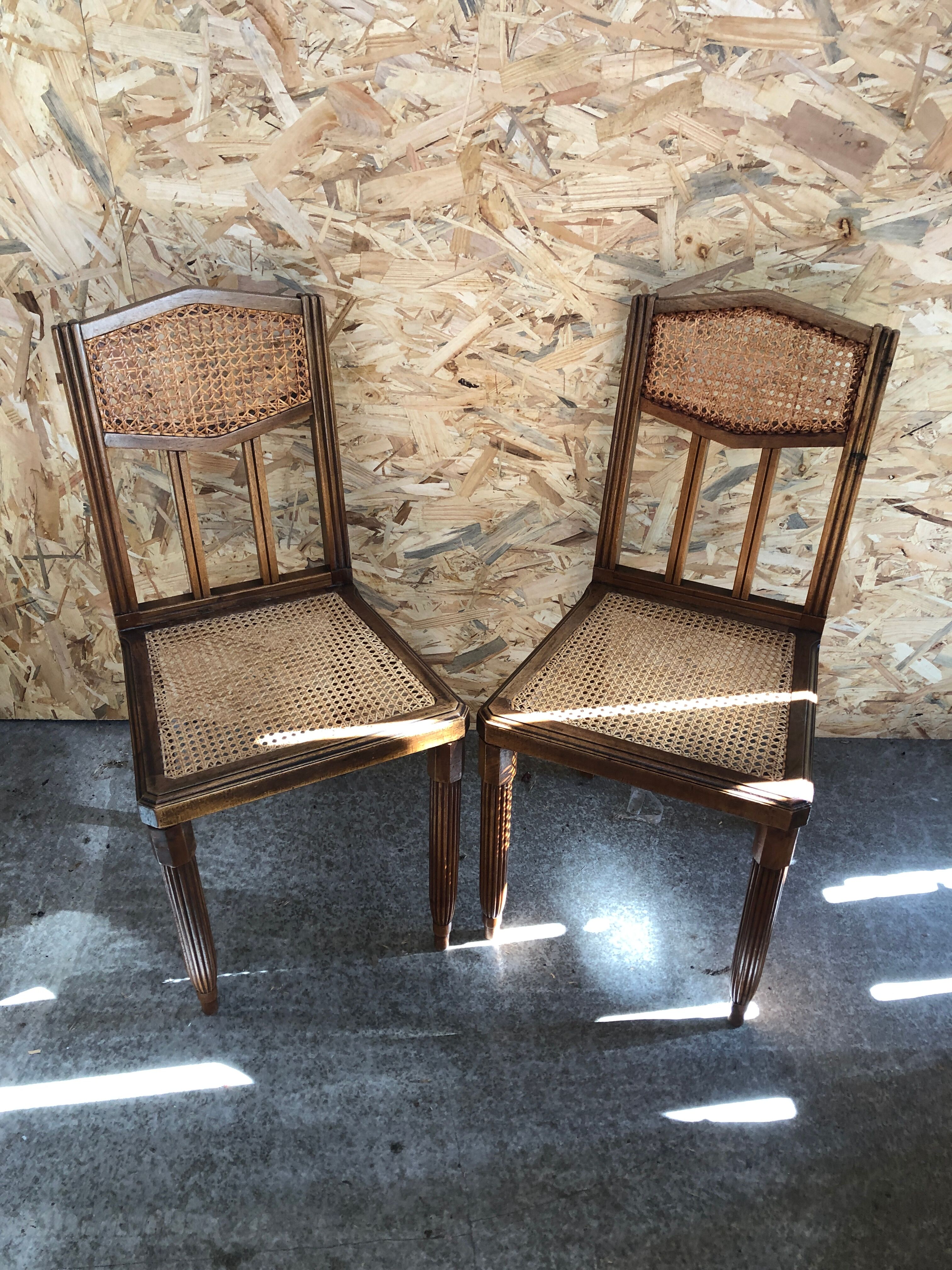 Pair old chair style louis xvi wood + seat & back cannée vintage