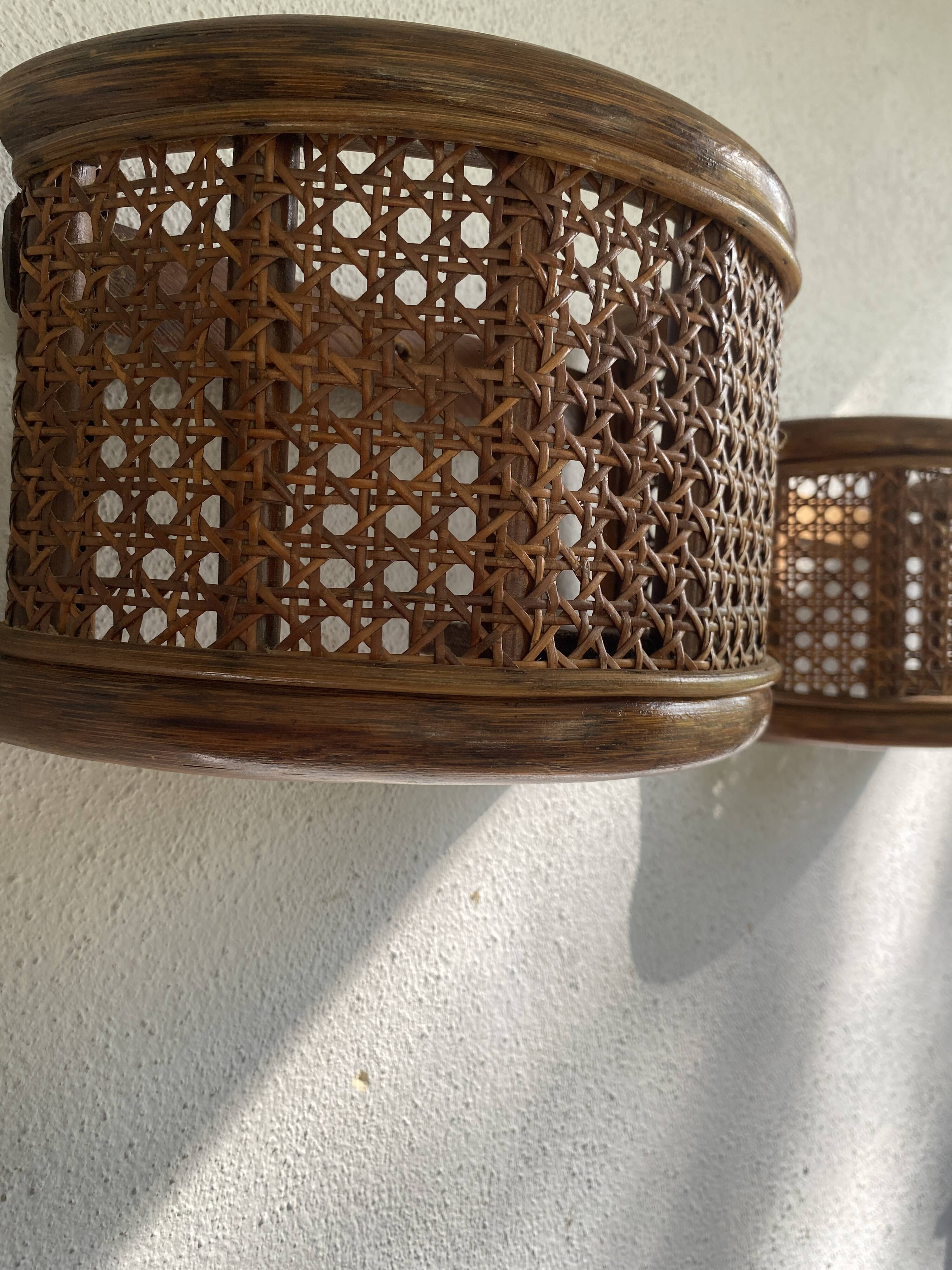 Duo wall lights, 3 M fabric cable, rattan and cane, 70s