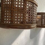 Duo wall lights, 3 M fabric cable, rattan and cane, 70s