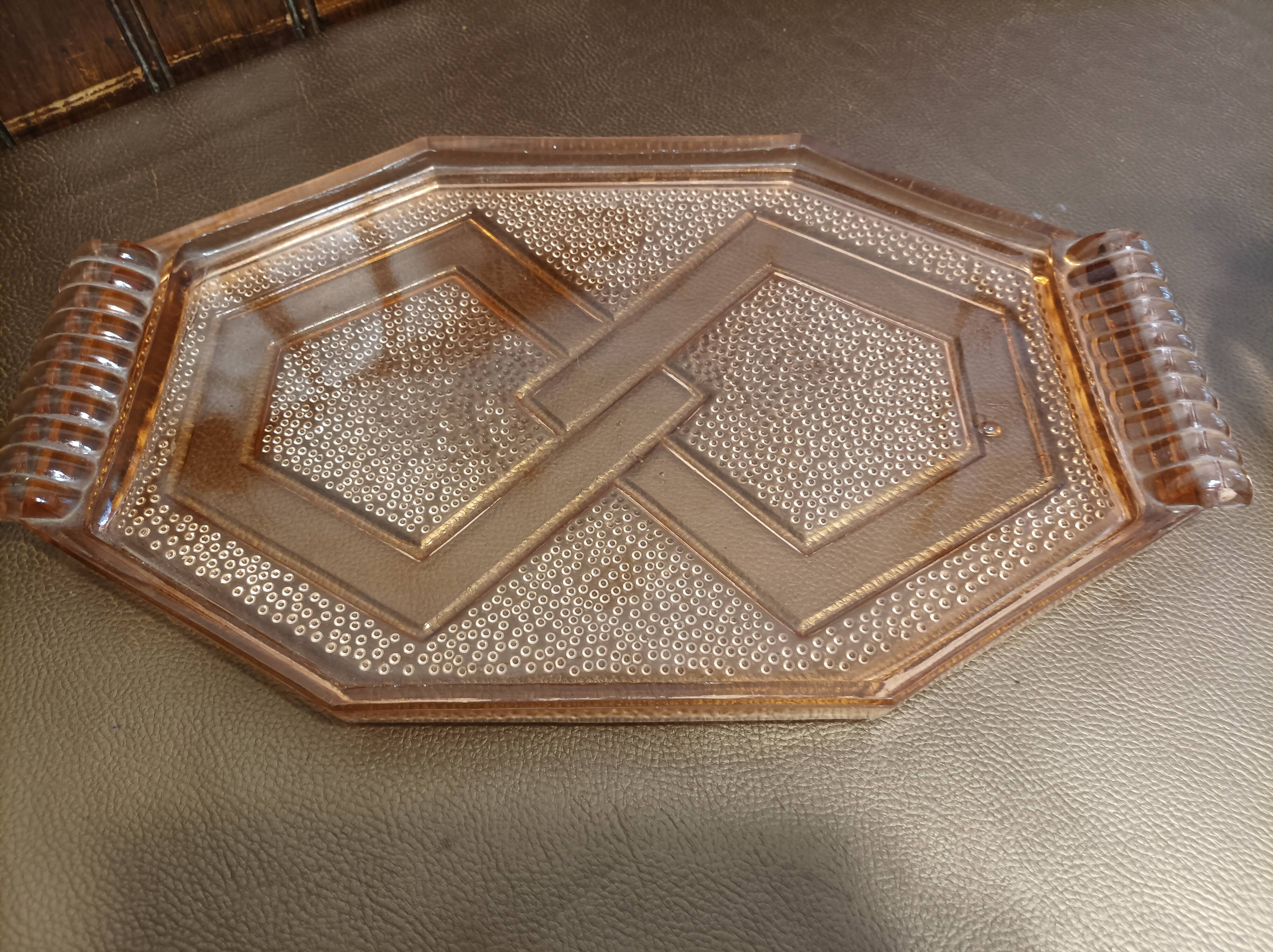 Aperitif set carafe tray and 6 glasses - thick pink glass - art deco