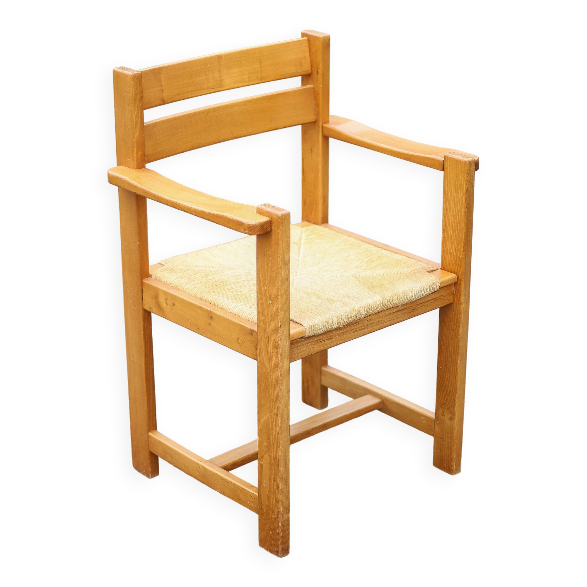 Vintage armchair, elm wood armchair Maison Regain, vintage straw chair.