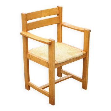 Vintage armchair, elm wood armchair Maison Regain, vintage straw chair.
