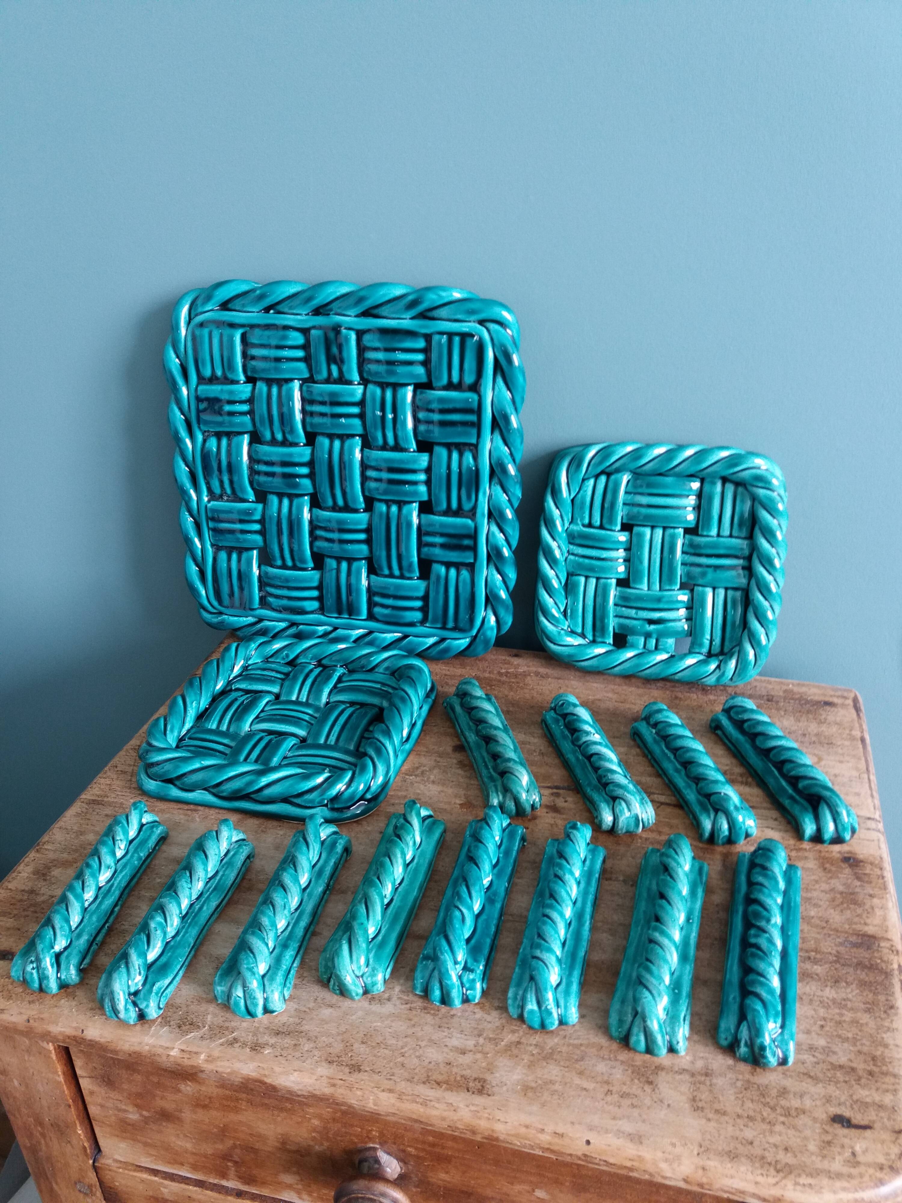 Emerald green braided slip trivet and bottle holder, knife holder