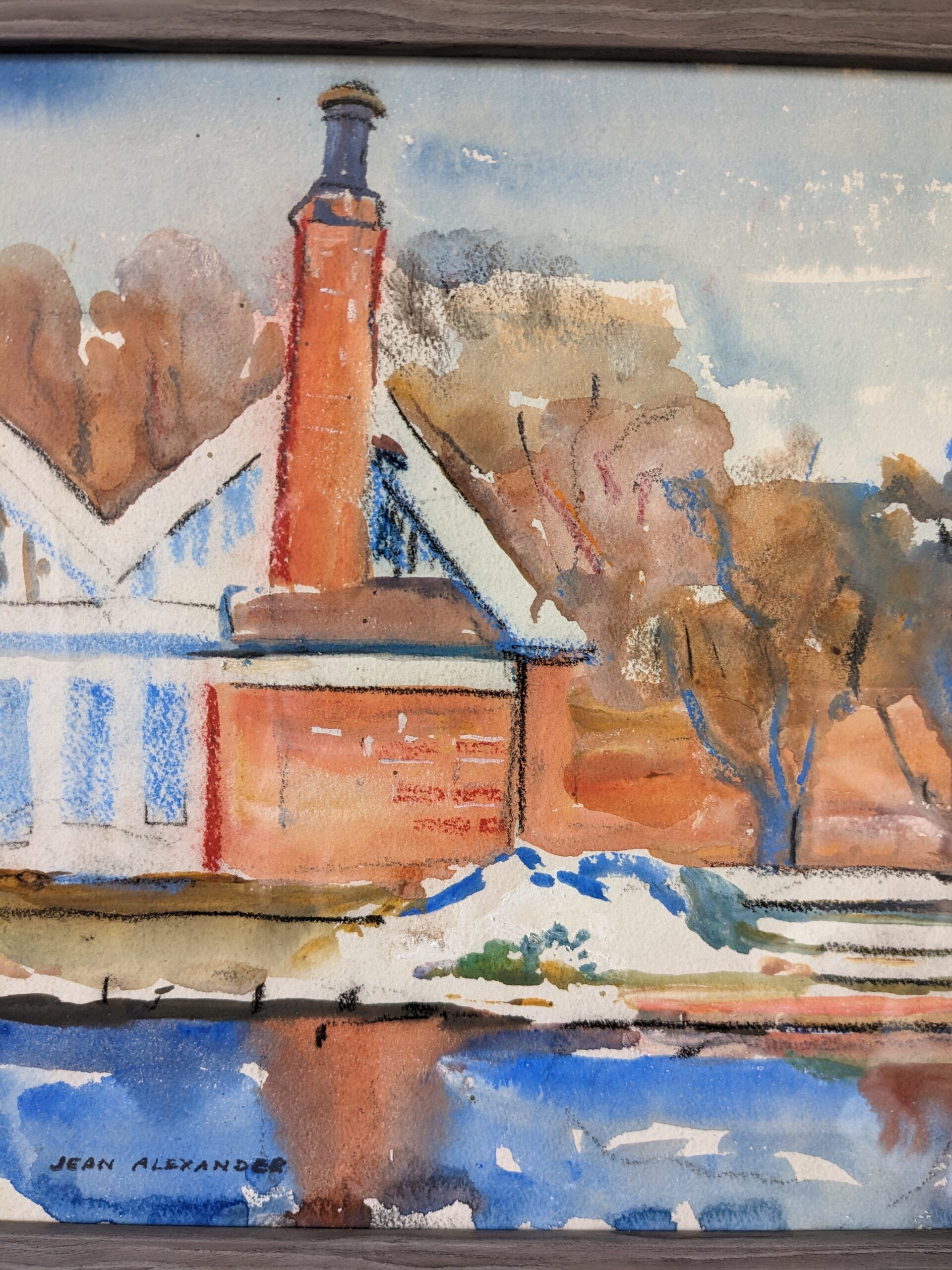 Mid-Century Modern Swedish "The Waterway" Vintage Landscape Watercolour Painting, Framed