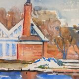 Mid-Century Modern Swedish "The Waterway" Vintage Landscape Watercolour Painting, Framed