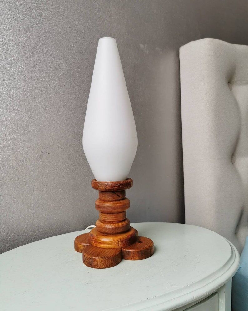 Wooden table lamp with glass chalice, 1970