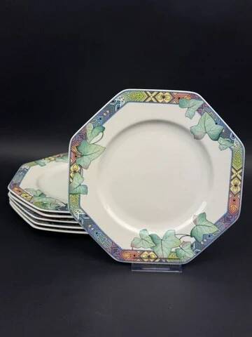 6 Villeroy & Boch Pasadena octagonal porcelain dessert plates with ivy decor