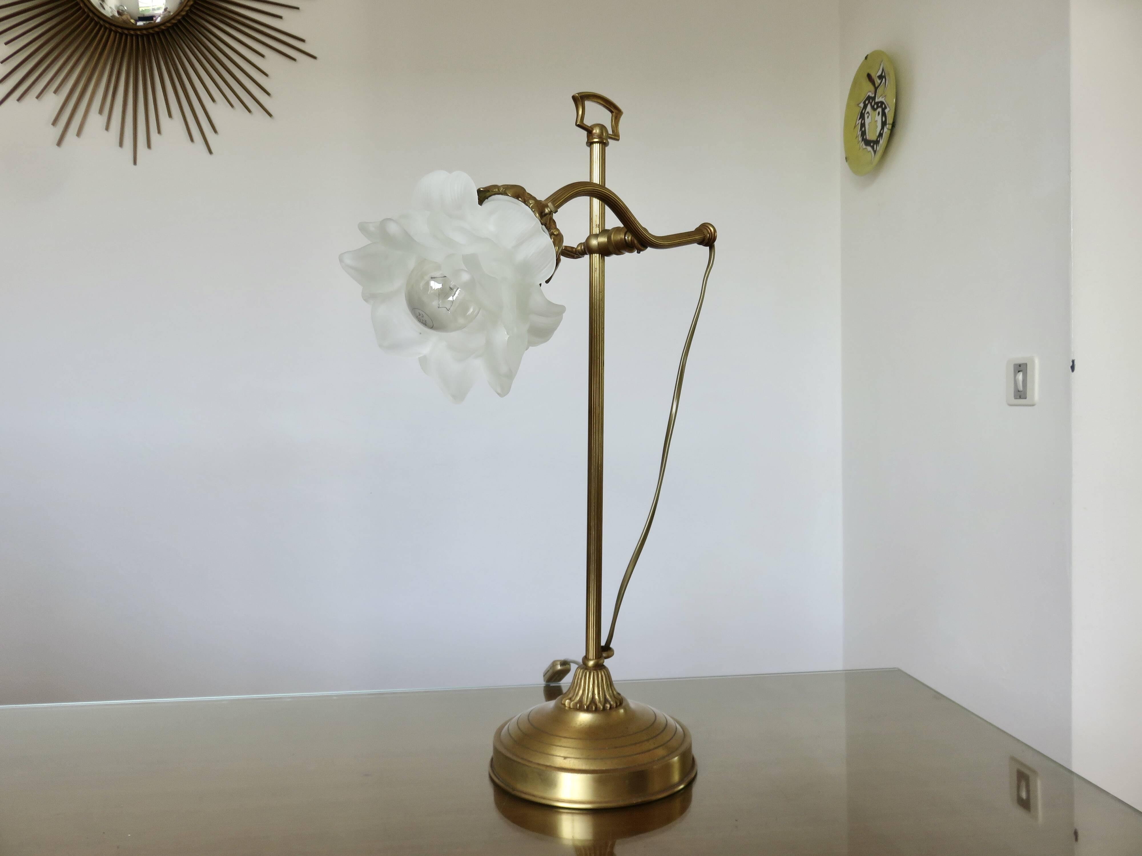 Large art nouveau brass lamp with frosted glass tulip in the shape of a rose