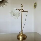 Large art nouveau brass lamp with frosted glass tulip in the shape of a rose