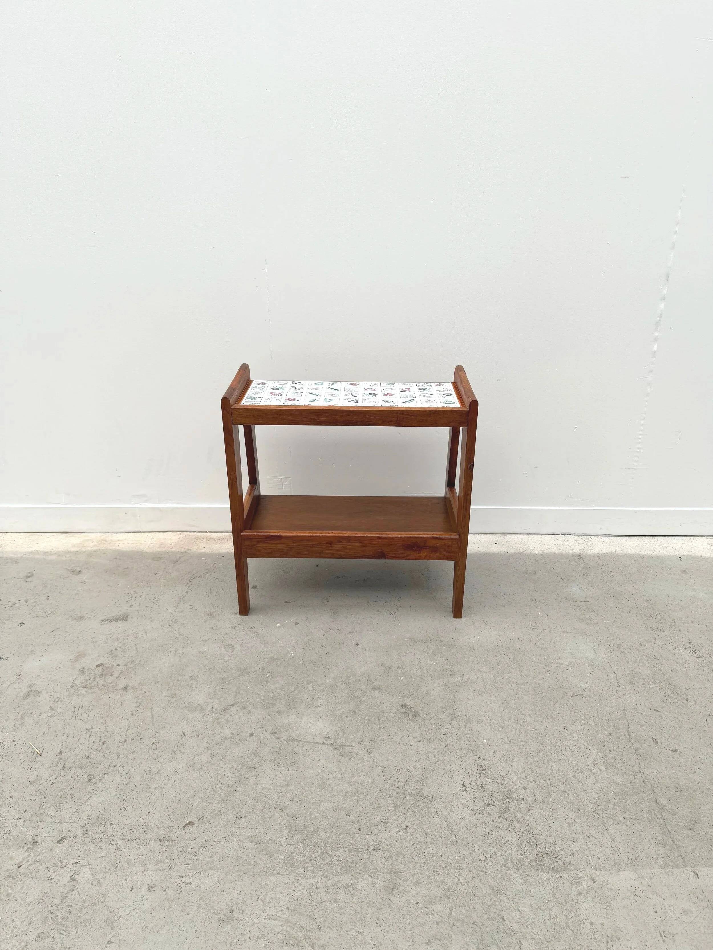 Side table in wood and ceramic, France 1950