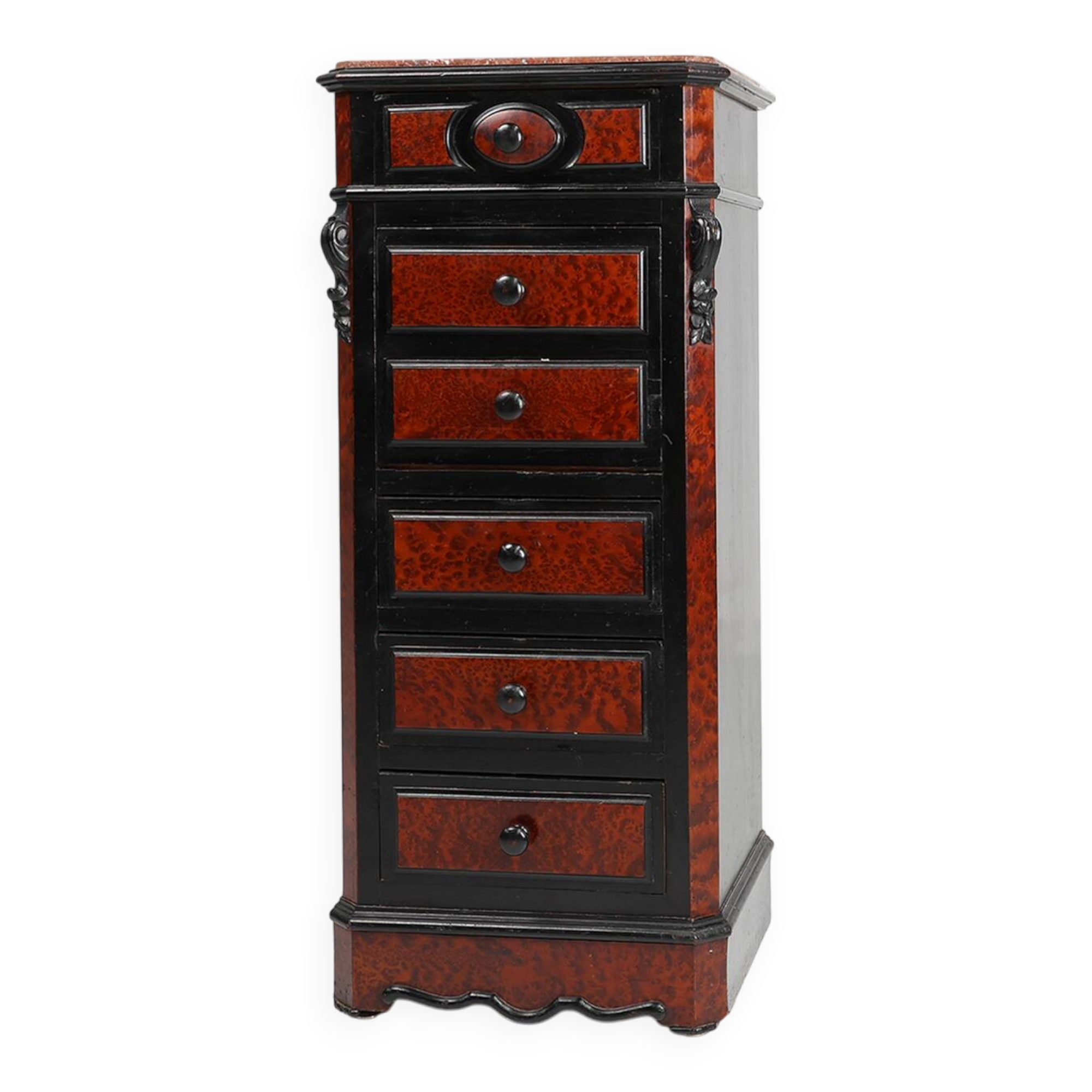 Rare Antique French chest of drawers in wood, burl veneer and marble, ca. 1